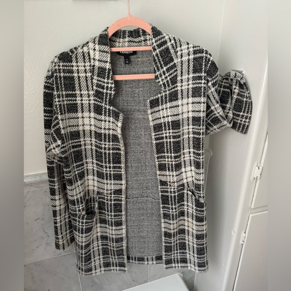 Express soft Plaid Tailored Knit Blazer Long Open Front Sweater Black White - Picture 5 of 7